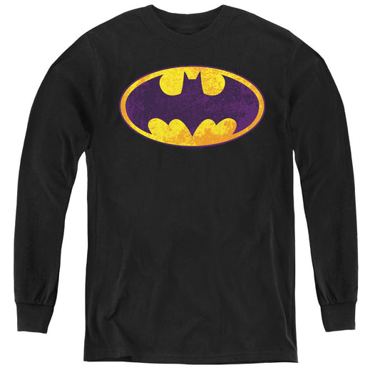 Batman Bm Neon Distress Logo Long Sleeve Kids Youth T Shirt Black Officially Licensed
