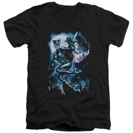 Batman Moonlight Cat Mens Slim Fit V Neck T Shirt Black Officially Licensed