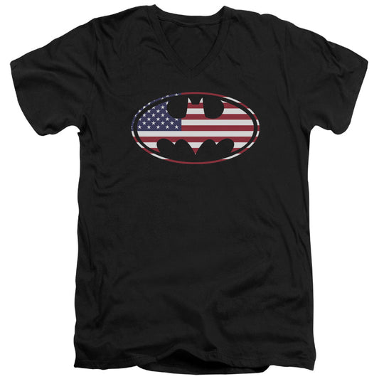 Batman American Flag Oval Mens Slim Fit V Neck T Shirt Black Officially Licensed