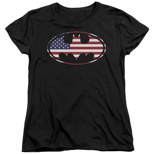 Batman American Flag Oval Womens T Shirt Black Officially Licensed