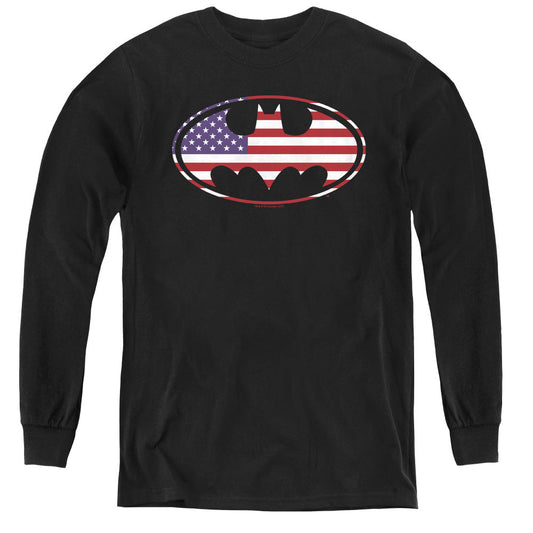 Batman American Flag Oval Long Sleeve Kids Youth T Shirt Black Officially Licensed