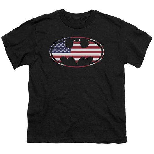 Batman American Flag Oval Kids Youth T Shirt Black Officially Licensed