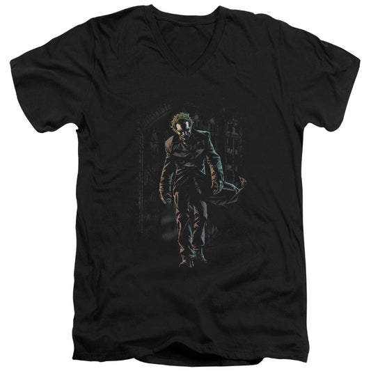 Batman Joker Leaves Arkham Mens Slim Fit V Neck T Shirt Black Officially Licensed