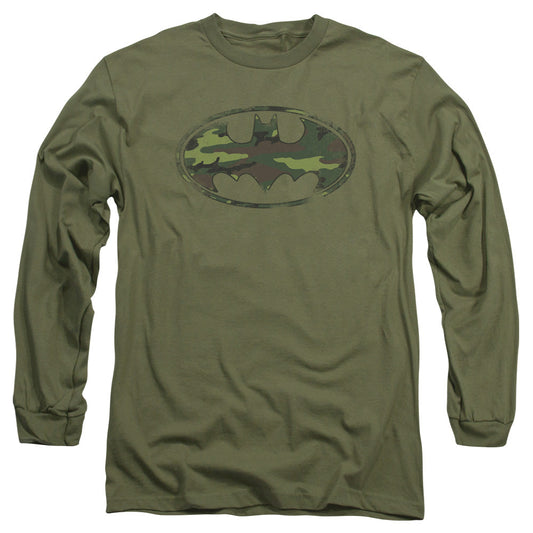 Batman Distressed Camo Shield Mens Long Sleeve Shirt Military Green Officially Licensed