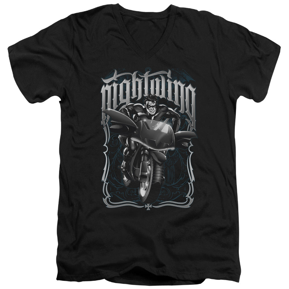 Batman Nightwing Biker Mens Slim Fit V Neck T Shirt Black Officially Licensed