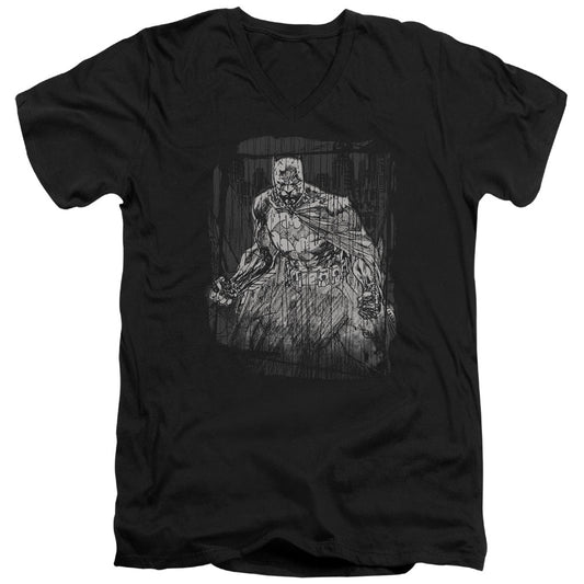 Batman Pencilled Rain Mens Slim Fit V Neck T Shirt Black Officially Licensed