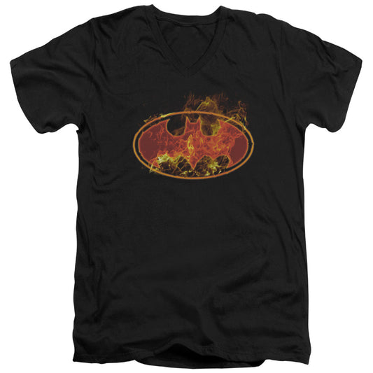 Batman Flames Logo Mens Slim Fit V Neck T Shirt Black Officially Licensed