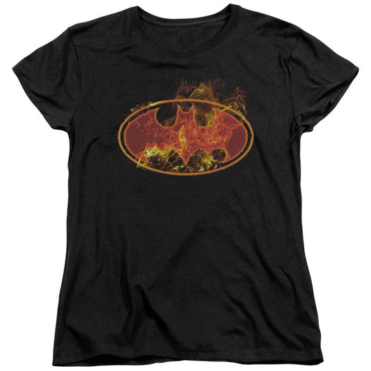 Batman Flames Logo Womens T Shirt Black Officially Licensed