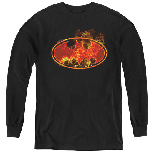 Batman Flames Logo Long Sleeve Kids Youth T Shirt Black Officially Licensed