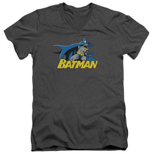Batman 8 Bit Cape Mens Slim Fit V Neck T Shirt Charcoal Officially Licensed
