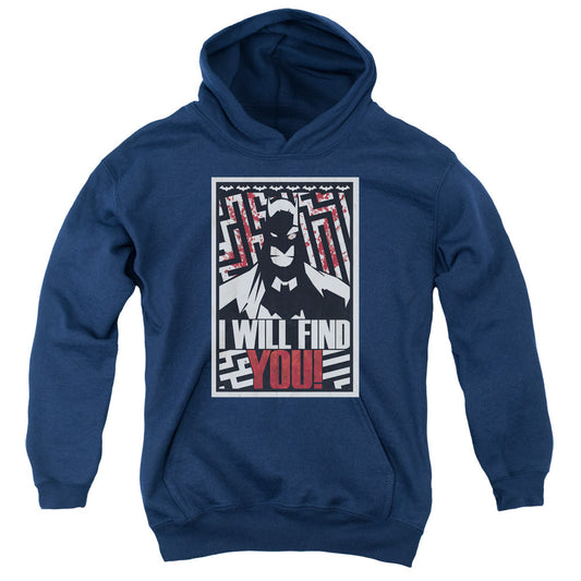 Batman I Will Fnd You Kids Youth Hoodie Navy Blue Officially Licensed