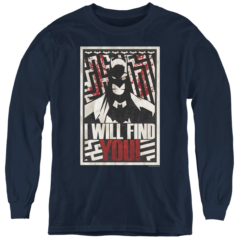 Batman I Will Fnd You Long Sleeve Kids Youth T Shirt Navy Blue Officially Licensed