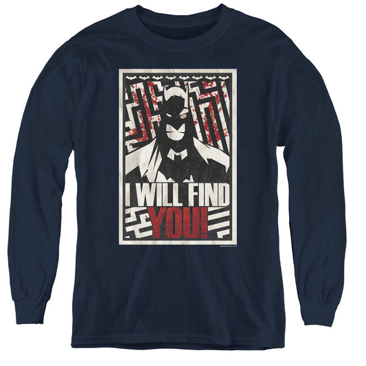 Batman I Will Fnd You Long Sleeve Kids Youth T Shirt Navy Blue Officially Licensed