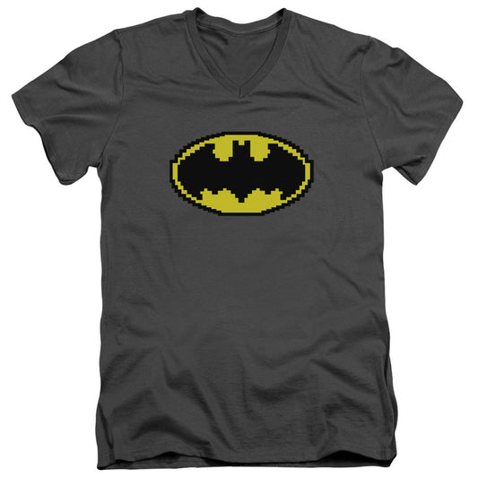 Batman Pixel Symbol Mens Slim Fit V Neck T Shirt Charcoal Officially Licensed