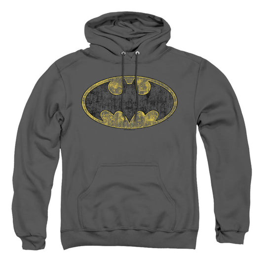 Batman Tattered Logo Mens Hoodie Charcoal Officially Licensed