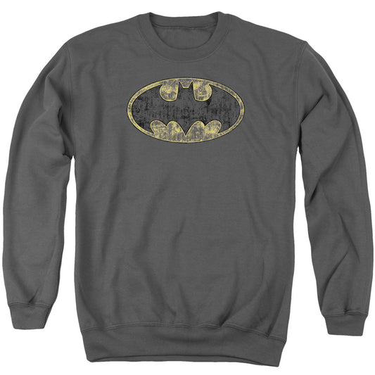 Batman Tattered Logo Mens Crewneck Sweatshirt Charcoal