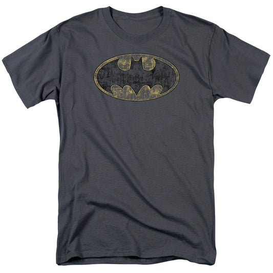 Batman Tattered Logo Mens T Shirt Charcoal Officially Licensed