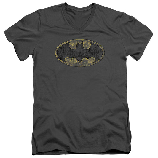 Batman Tatered Logo Mens Slim Fit V Neck T Shirt Charcoal Officially Licensed