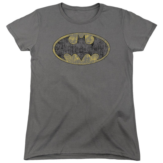 Batman Tatered Logo Womens T Shirt Charcoal Officially Licensed