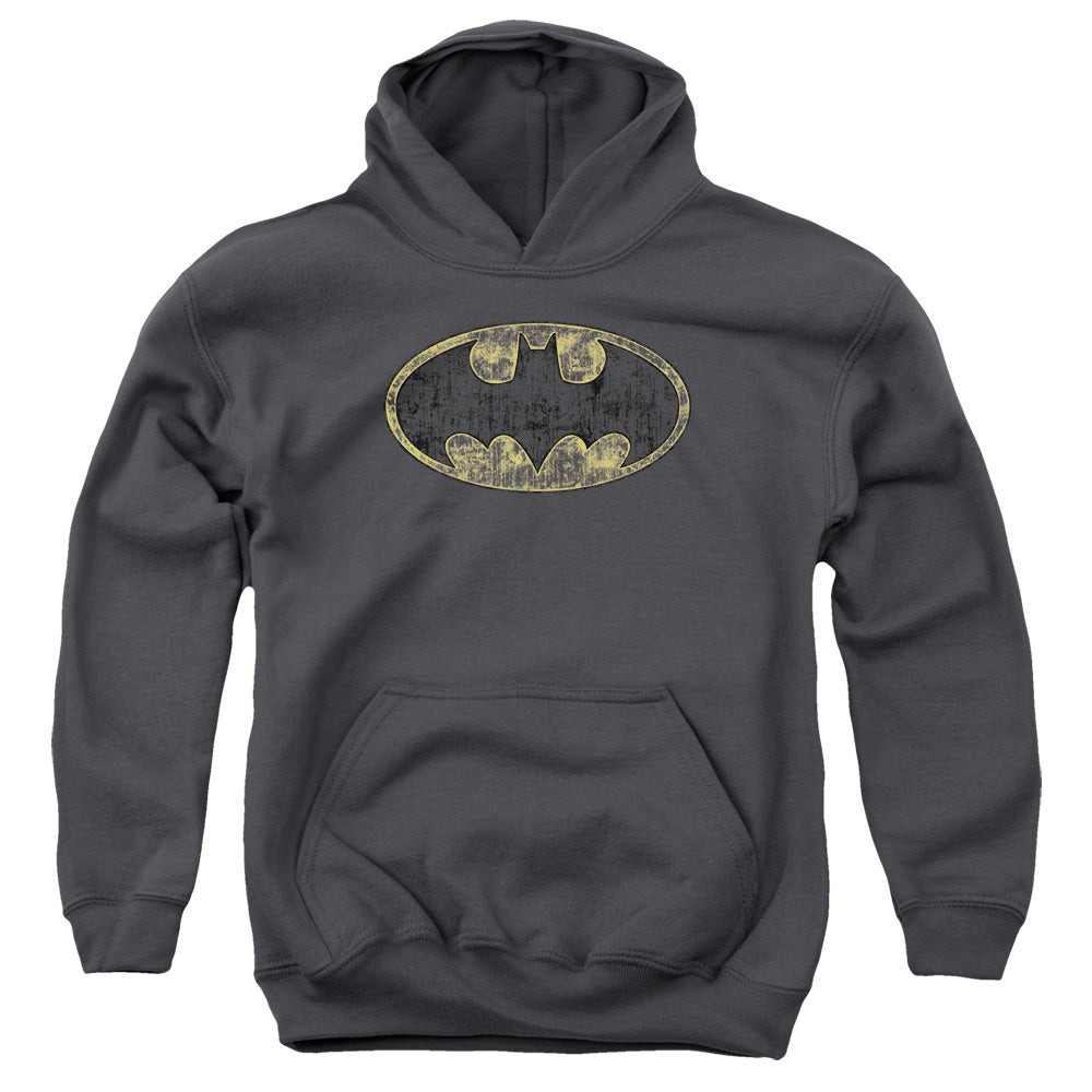 Batman Tatered Logo Kids Youth Hoodie Charcoal Officially Licensed