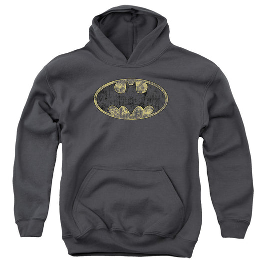 Batman Tatered Logo Kids Youth Hoodie Charcoal Officially Licensed