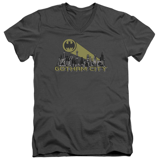 Batman Gotham Skyline Mens Slim Fit V Neck T Shirt Charcoal Officially Licensed