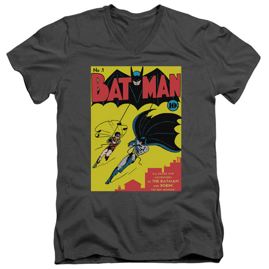 Batman Batman First Mens Slim Fit V Neck T Shirt Charcoal Officially Licensed