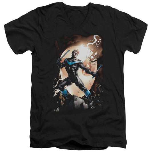 Batman Nightwing Against Owls Mens Slim Fit V Neck T Shirt Black Officially Licensed
