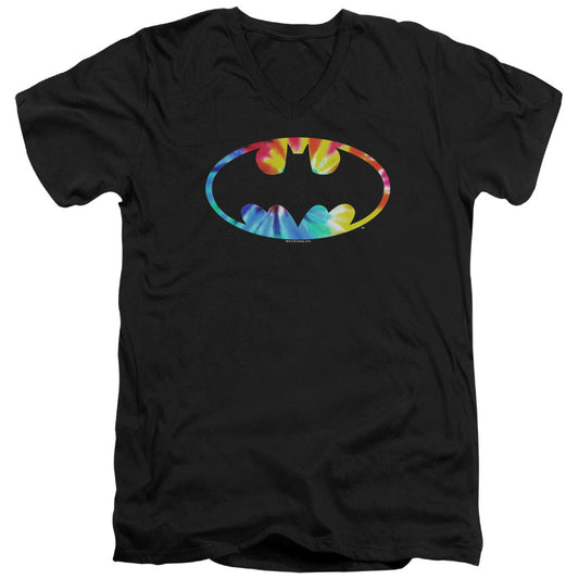 Batman Tie Dye Batman Logo Mens Slim Fit V Neck T Shirt Black Officially Licensed