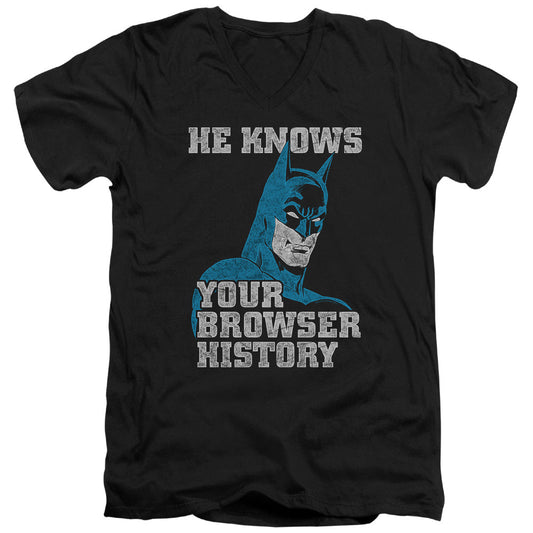 Batman Batman Knows Mens Slim Fit V Neck T Shirt Black Officially Licensed