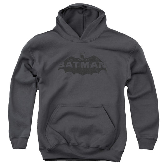Batman Newsprint Logo Kids Youth Hoodie Charcoal Officially Licensed