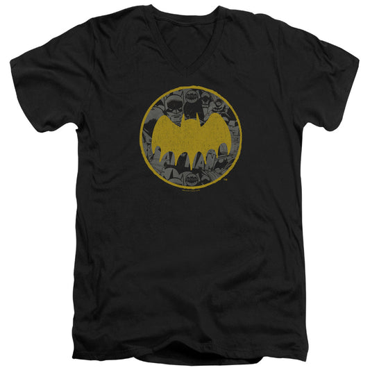 Batman Vintage Symbol Collage Mens Slim Fit V Neck T Shirt Black Officially Licensed