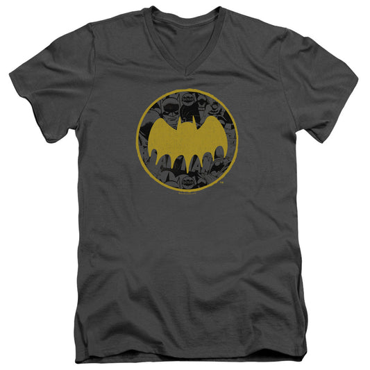 Batman Vintage Symbol Collage Mens Slim Fit V Neck T Shirt Charcoal Officially Licensed