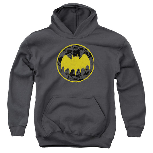 Batman Vintage Symbol Collage Kids Youth Hoodie Charcoal Officially Licensed