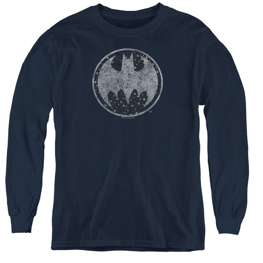 Batman Starry Night Shield Long Sleeve Kids Youth T Shirt Navy Blue Officially Licensed