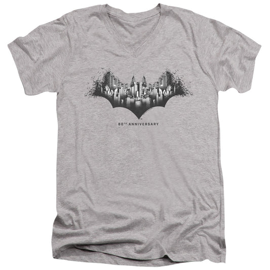 Batman Gotham Shield Mens Slim Fit V Neck T Shirt Athletic Heather Officially Licensed