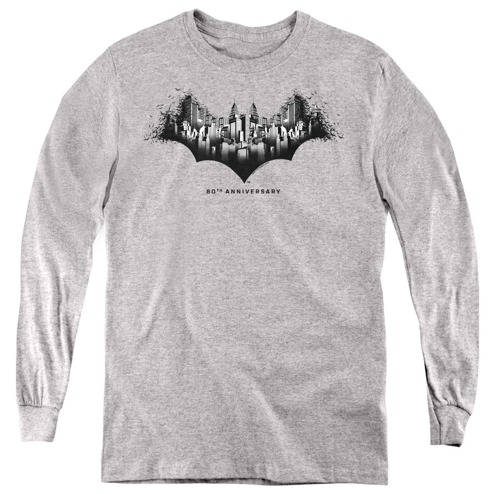Batman Gotham Shield Long Sleeve Kids Youth T Shirt Athletic Heather Officially Licensed