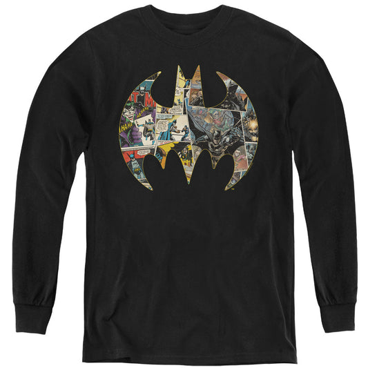 Batman Collage Shield Long Sleeve Kids Youth T Shirt Black Officially Licensed