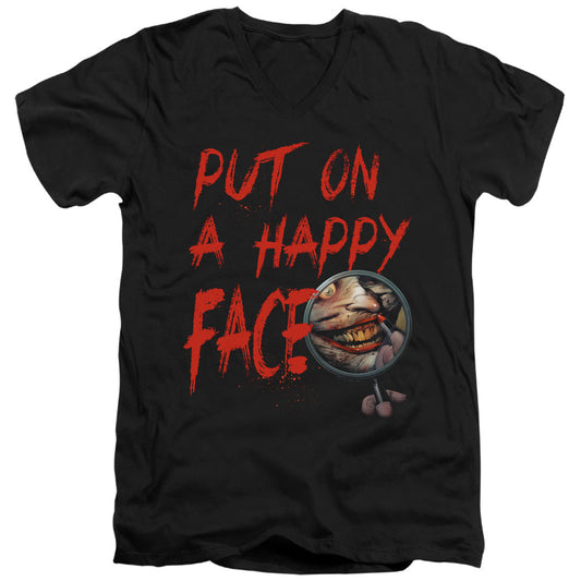 Batman Happy Face Mens Slim Fit V Neck T Shirt Black Officially Licensed