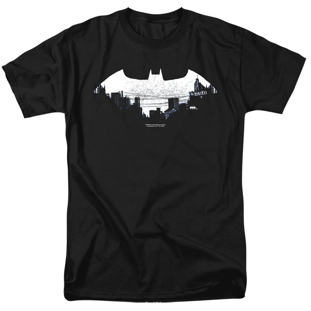 Batman Bat Logo Cityscape Mens T Shirt Black Officially Licensed