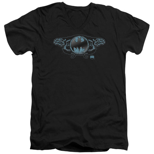 Batman Two Gargoyles Logo Mens Slim Fit V Neck T Shirt Black Officially Licensed