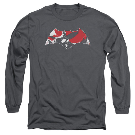 Batman V Superman Armor Splatter Logo Mens Long Sleeve Shirt Charcoal Officially Licensed