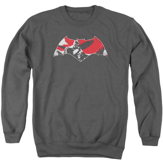 Batman V Superman Armor Splatter Logo Mens Crewneck Sweatshirt Charcoal Officially Licensed