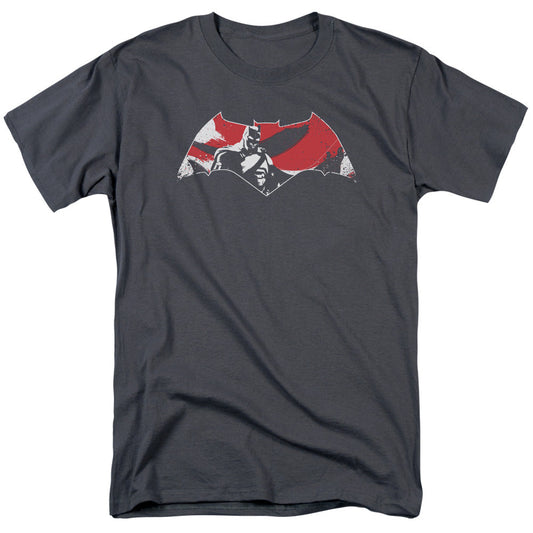 Batman V Superman Armor Splatter Logo Mens T Shirt Charcoal Officially Licensed