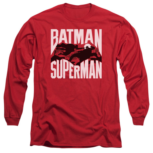 Batman Vs Superman Silhouette Fight Mens Long Sleeve Shirt Red Officially Licensed