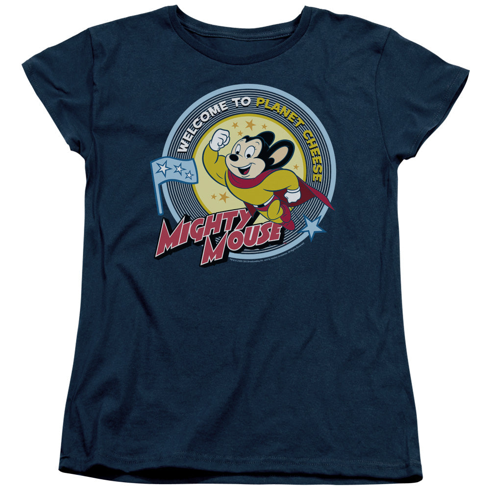 Mighty Mouse Planet Cheese Womens T Shirt Navy Blue Officially Licensed