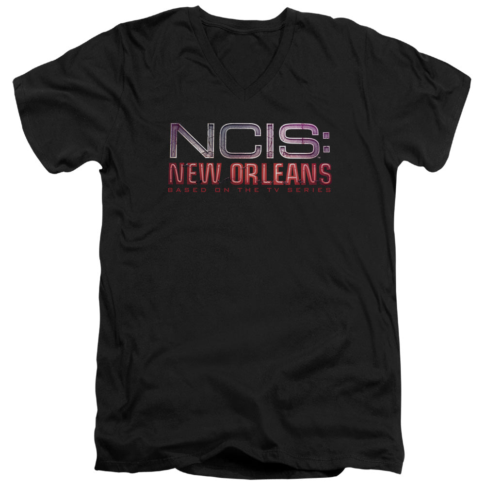 Ncis:new Orleans Neon Sign Mens Slim Fit V-Neck T Shirt Black Officially Licensed