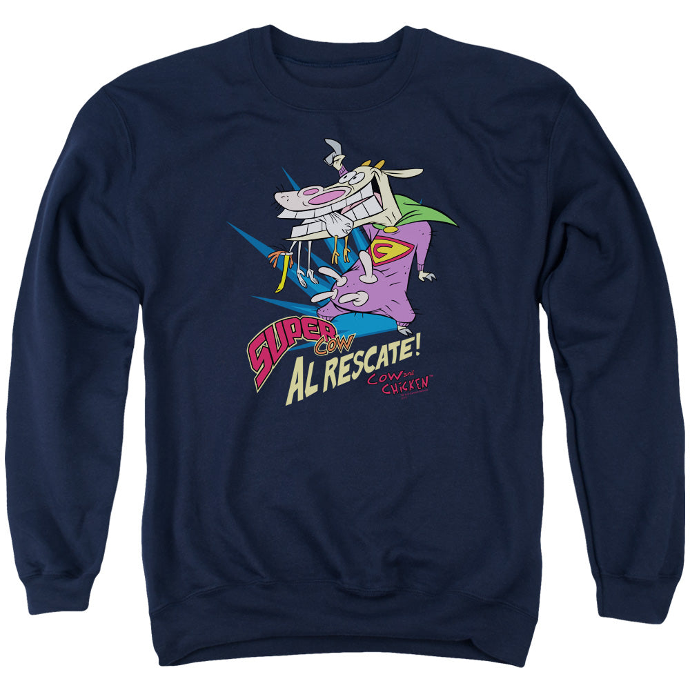 Cow &amp; Chicken Super Cow Mens Crewneck Sweatshirt Navy Blue Officially Licensed
