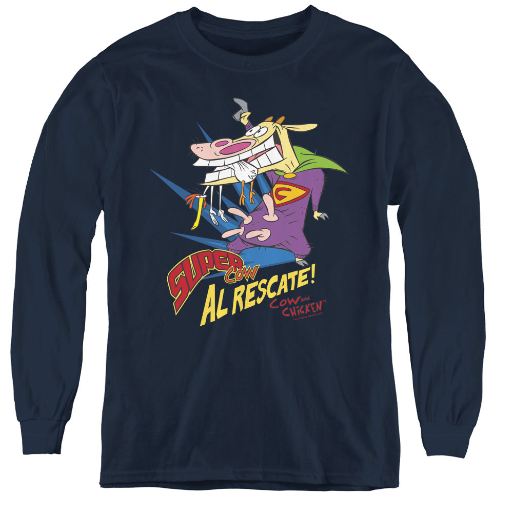 Cow & Chicken Super Cow Long Sleeve Kids Youth T Shirt Navy Blue Officially Licensed