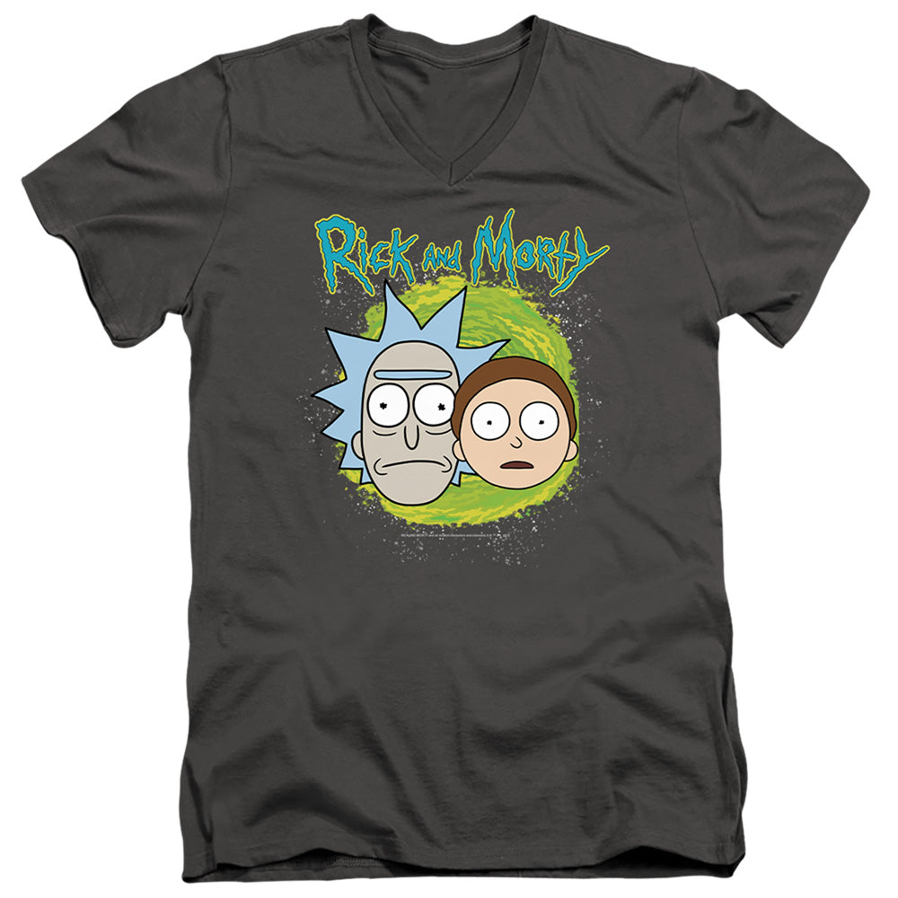 Rick And Morty Floating Heads Mens Slim Fit V-Neck T Shirt Charcoal Officially Licensed